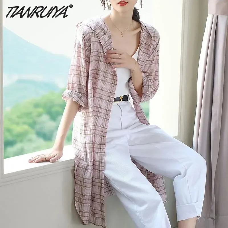 Summer Sun Protection Clothing Hooded Loose Lattice Women Shirt New 2022 Long Sleeves Single-Breasted Mid Length Coat Ladies