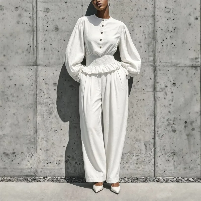 New Autumn Fashion 2‑Piece Set Women Button Lantern Sleeve Smocked Ruffle Blouse High Waist Pleated Wide Leg Pant Casual Outfit