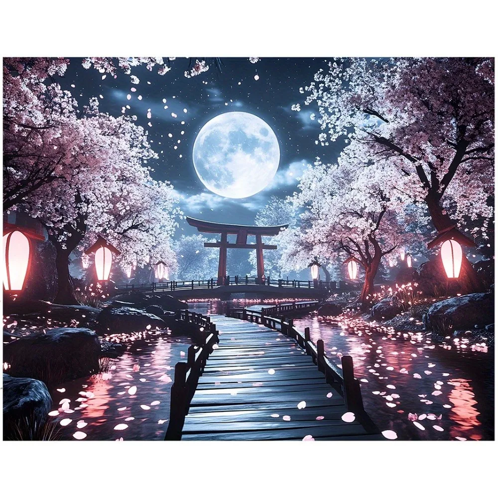 Japanese Cherry Blossom Tapestry 2D Flat Moon Torii Gate Wall Hanging Anime Aesthetic Decor for Bedroom Living Room