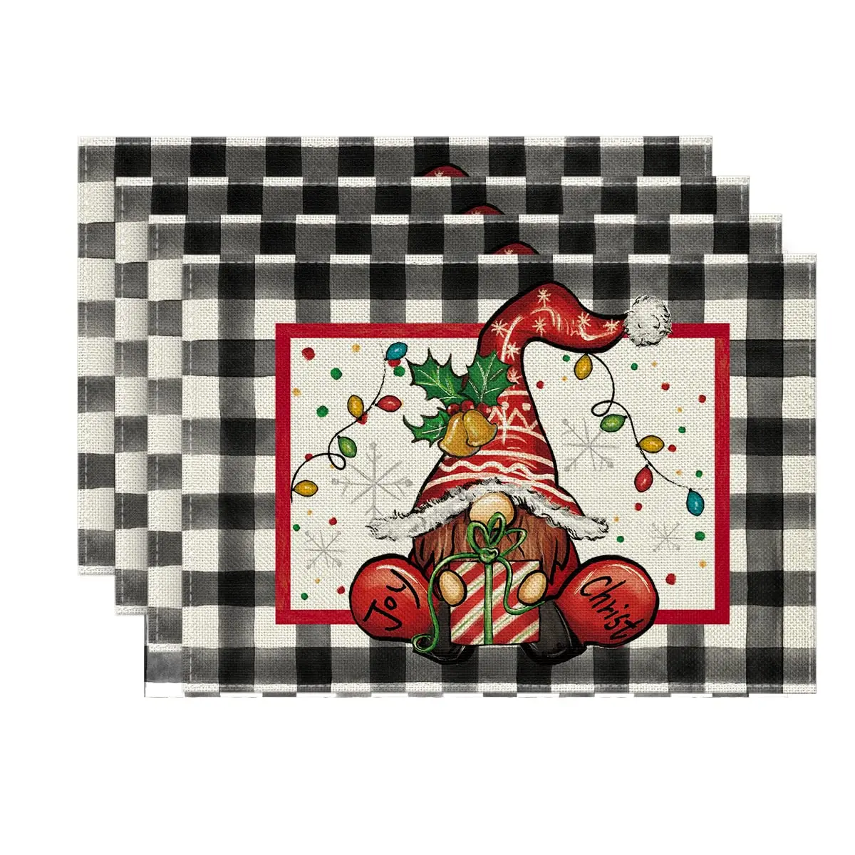 Plaid Gnome Christmas Placemats, Set of 4, 12x18 Inch, Winter Table Mats for Outdoor, Home Party, Kitchen, Dining Decoration