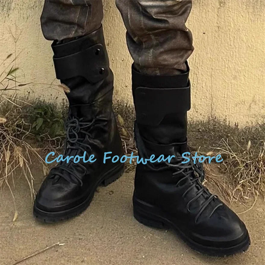Punk Chunky Bottom Height Increasing Male Knight Boots Handmade Pleated Leather Lace-up Knee High Boots Men's Casual Shoes