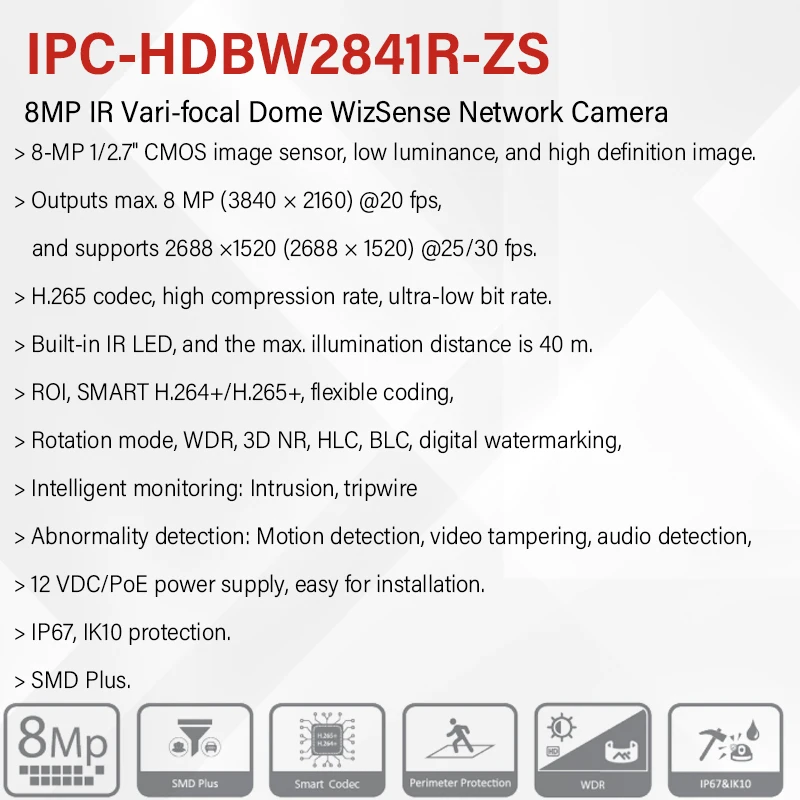 Dahua IPC-HDBW2841R-ZS 2K 4K H.265 IR Dome Camera Motorized Lens CCTV 40M Night Vision IP67 IK10 PoE AI Human/Vehicle Detection view 2
