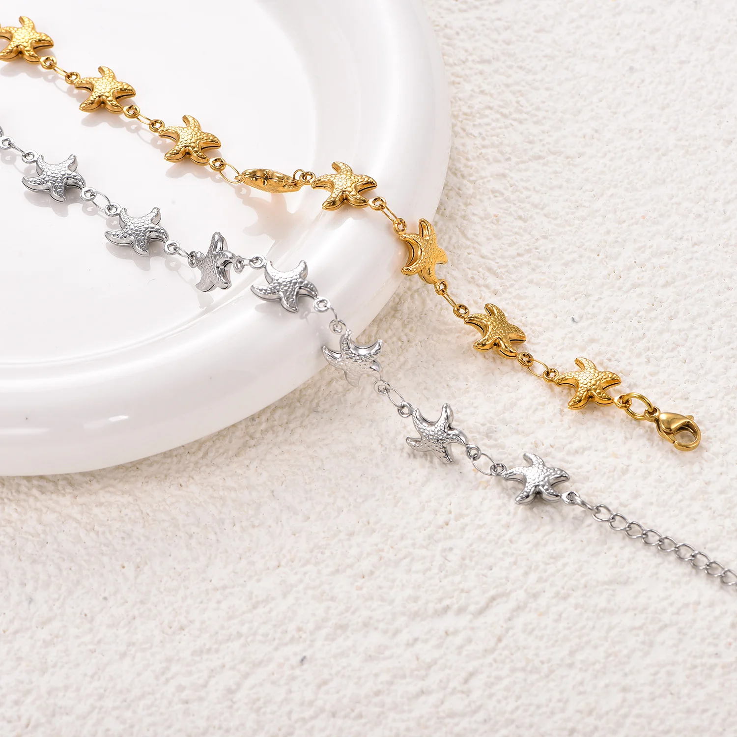 Silber- und Goldplattierte Edelstahl-Metall-Seestern-Armbänder, Armbandketten, Strand-Fußkettchen, Sommer-Urlaubsschmuck für Frauen – Detail 1