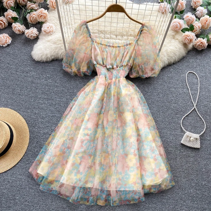 

Chiffon First Love Dress Summer New Style Floral High Waist Sweet Short Fresh Mesh Fairy Dress