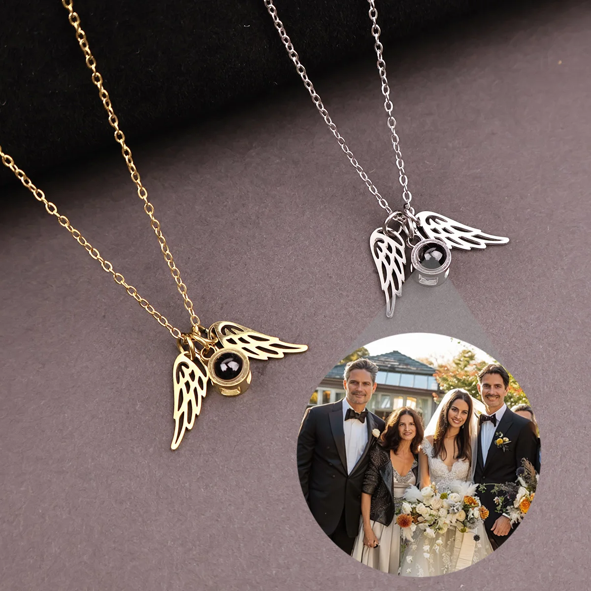 

Custom Color Picture Projection Neck Round Pendant Wing Necklace Stainless Steel Valentine's Day Exquisite Gift For Girlfriend