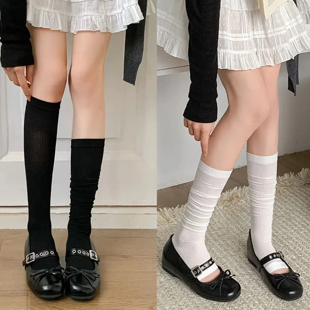 

All Match Thin Knee High Stockings Simple Harajuku JK Calf Long Socks Hosiery Solid Color Mid-tube Stocking Women School