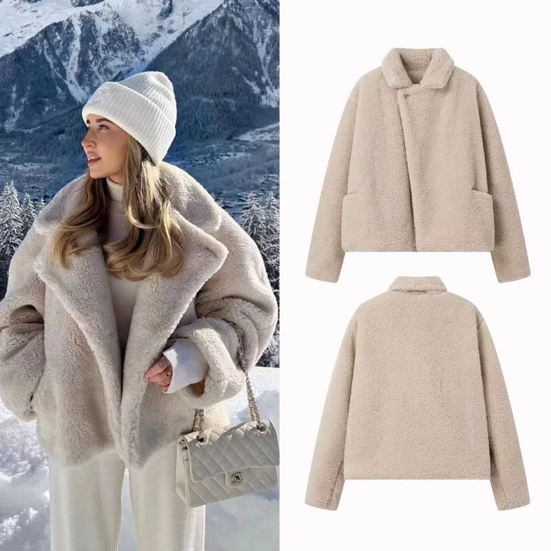 Pakaian Wanita Musim Gugur Musim Dingin Mantel Bulu Imitasi Hangat Lengan Panjang Longgar Saku Jaket Wanita Fashion Streetwear