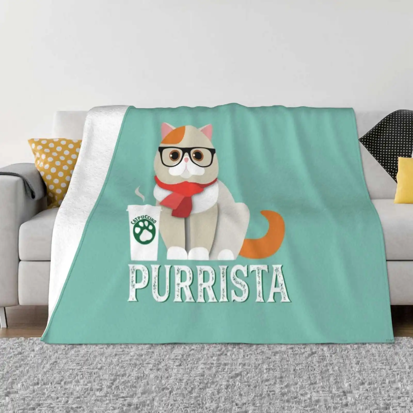 Purrista Cat Fashion Soft Warm Flannel Blanket Purrista Meow Glasses Hipster Orange Tabby Feline Cat Lover Coffee Lover Cup