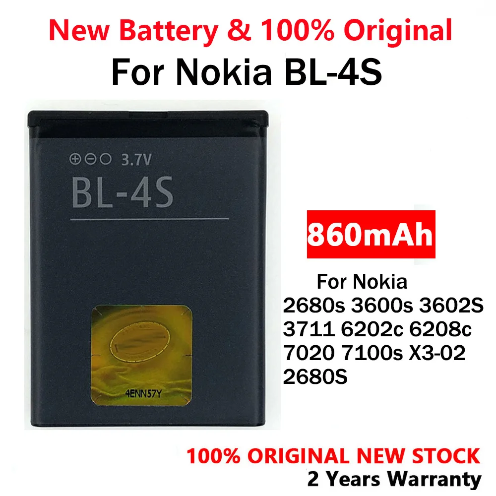 100% Genuine BL4S BL-4S Phone Battery For Nokia 2680s 3600s 3602S 3711 6202c 6208c 7020 7100s X3-02 2680S High Quality Batteries