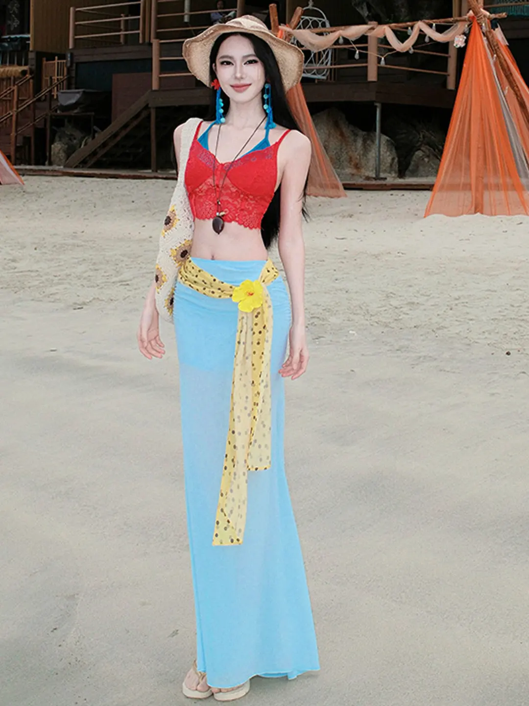 

Beach Vacation Style Sexy Strap Top Half Skirt Two Piece Set Summer 2026 Comfortable Cotton Short Sleeve V Neck Outfit