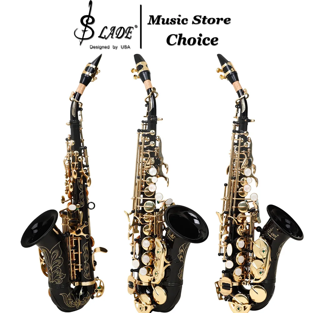 Bb Flat Soprano Saxophone Brass Curved Saxophone with Black Gold Keys Hand Engraved Pearl Keys Ideal Choice for Beginners & Pros