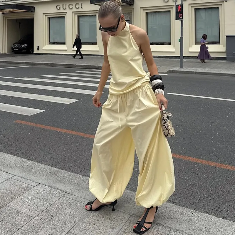 

Ticketsx Women's Casual Pant Sets Summer Sexy Halter Neck Backless Top Lace Up Long Pant Set Fashion Streetwear Female Pant Sets