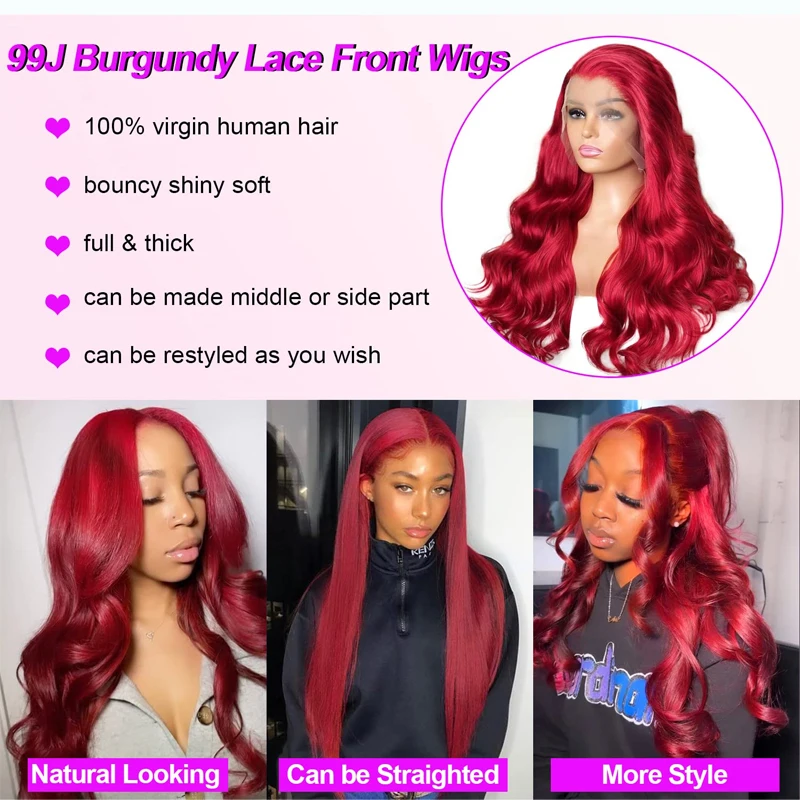 180 Density Burgundy 13x6 HD Lace Frontal Wig 99j Body Wave 13x4 Lace Front Human Hair Brazilian Human Hair 30 34 Inch