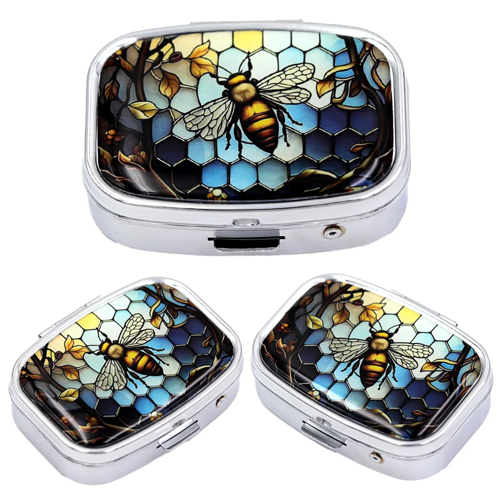 Animals Print 2 Compartments Metal Pill Box, Portable Travel Medicine Organizer Sealed Small Storage Container