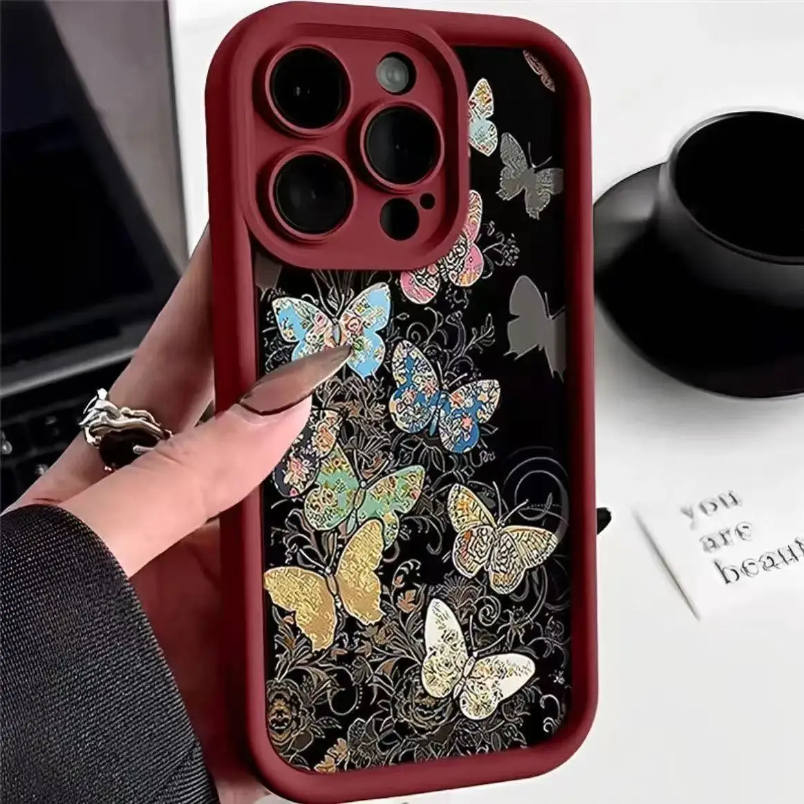 الفن الأرجواني فراشة قضية الهاتف آيفون 16 15 14 13 12 11 X XR Xs SE 2 8 7 زائد برو ماكس سيليكون للصدمات الغطاء الخلفي #2