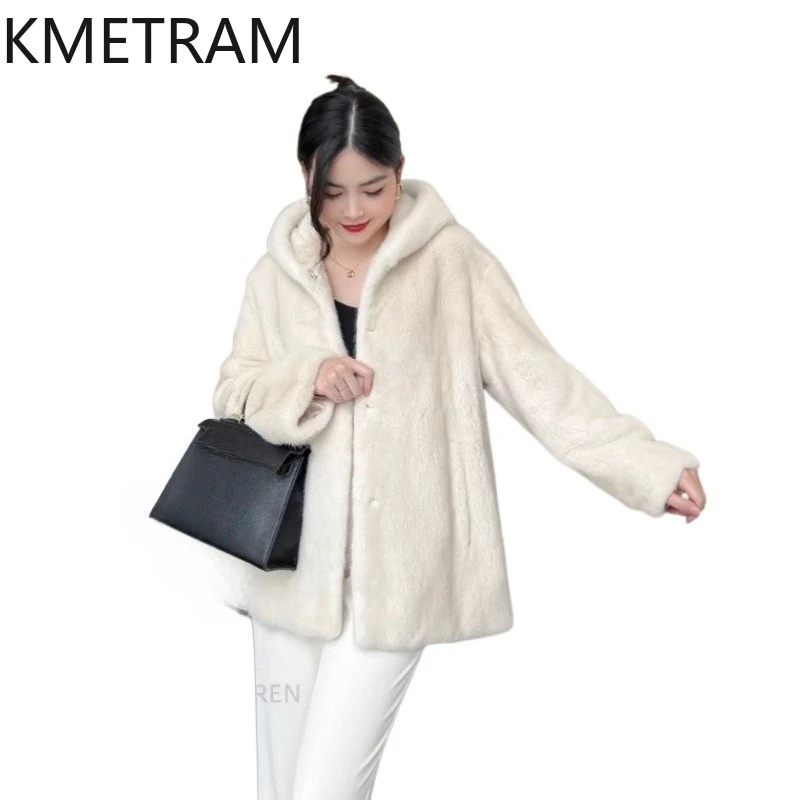 Chaqueta de Piel de Visón 100% Natural de Grado Terciopelo KMETRAM, Abrigo de Piel de Visón Real Informal para Mujer con Capucha, Ropa de Invierno para Mujer 2026 Fourrure
