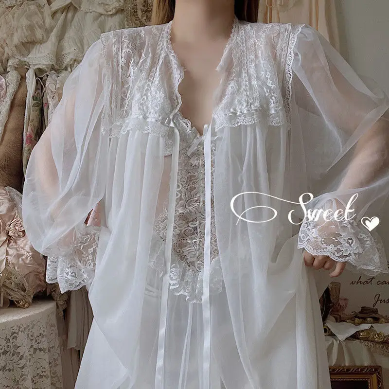 Women French Nightdress Princess Sleepwear White Lace Fairy Night Dress Victorian Vintage Nightgown Kawaii Nightdress Loungewear