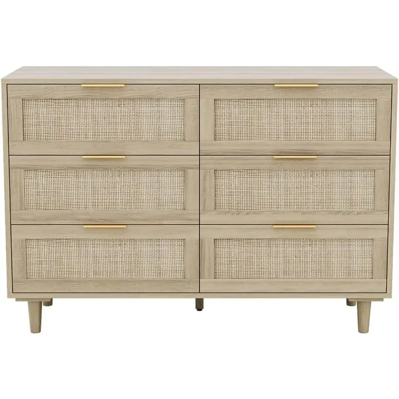 Factory Direct Compatible with6 Drawer Wide Rattan Dresser for Bedroom,Boho&Farmhouse Chest of Drawers,43
