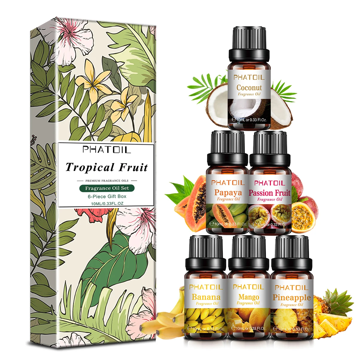 PHATOIL 6pcs Furit Fragrance Oil Set - 10ml Papaya Mango Pineapple Passion Fruit Coconut Banana For Soap Candle Making Diffuser