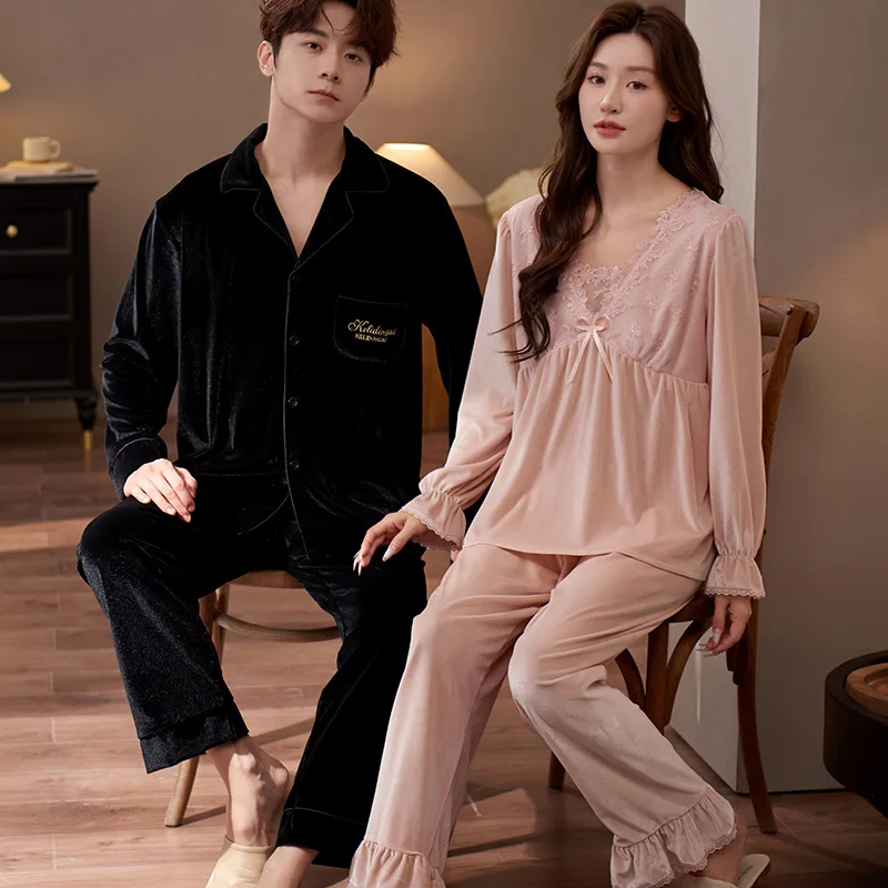 

Бархатная одежда для сна для женщин и мужчин, топ с длинными рукавами, брюки, осень-зима, пара, золотистая велюровая удобная домашняя одежда