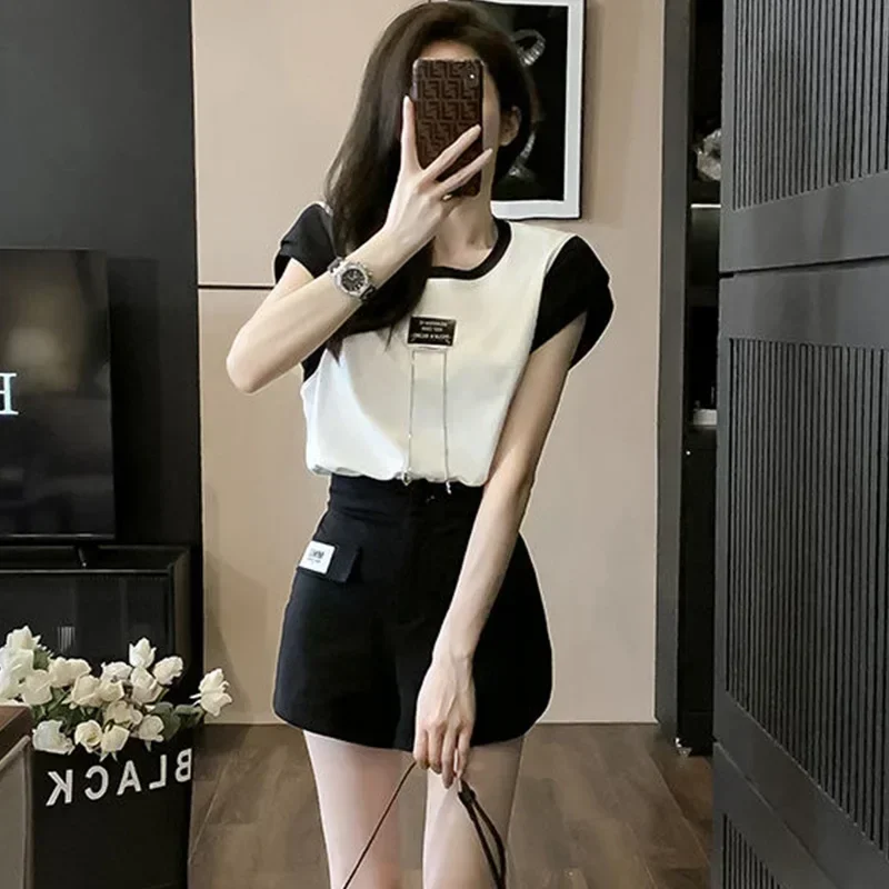 Athleisure Fashion Matching Sets Fashion Patchwork O-neck Short Sleeve Two-piece Suit Summer Casual Pleated Pullover Short Sets