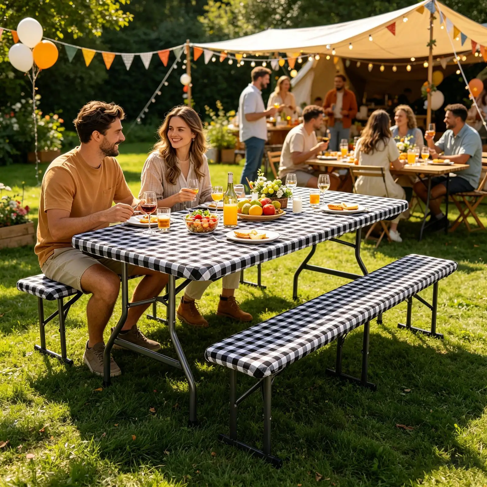 

Picnic Table Cloth Elastic Reusable Waterproof Tablecloth Camping Table And Bench Covers For Camping Outdoor Gathering Dining