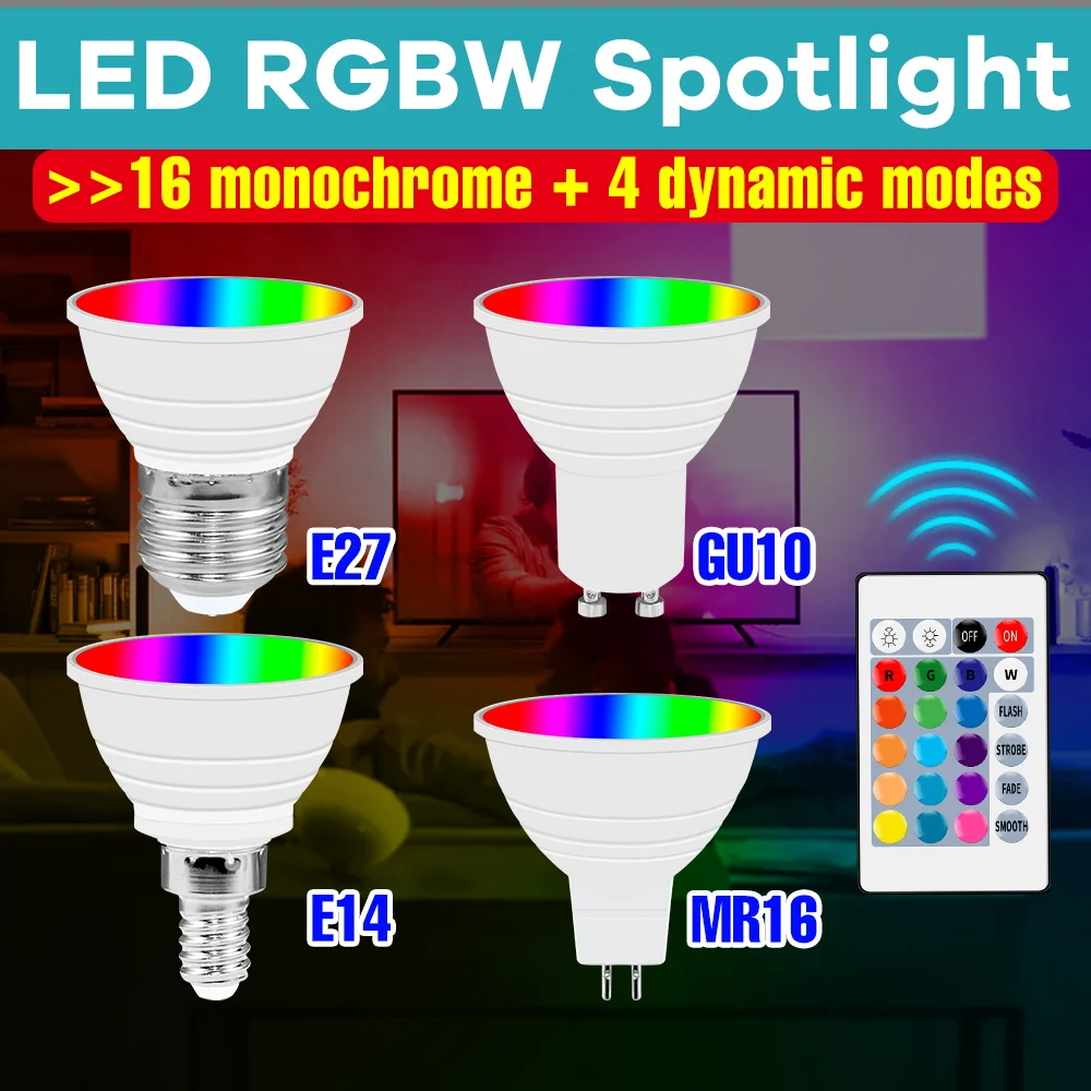 

15W RGB Bulb LED Spotlights E27 Multicolor Bulbs E14 Mood Light GU10 Ceiling Lamp MR16 Indoor Atmosphere GU5.3 Nightlight 220V