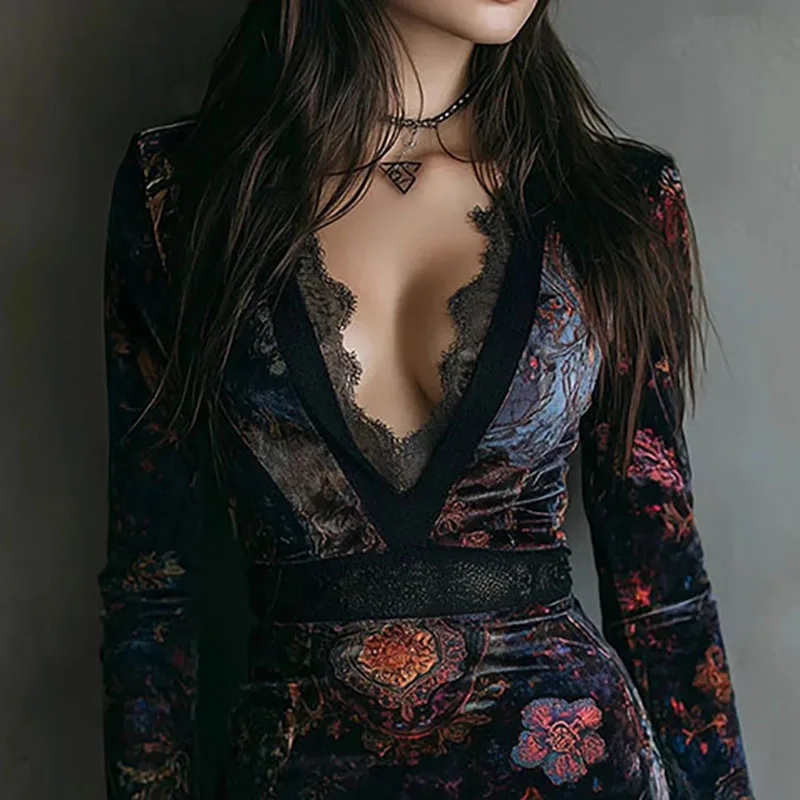 2026 Sexy escote en V profundo vestidos de fiesta de encaje hueco mujer primavera estampado Floral terciopelo Mini vestido otoño manga larga ajustado vestido bohemio