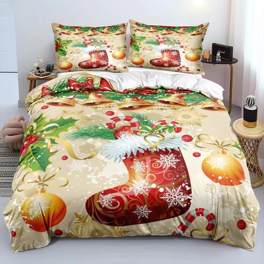 Christmas Duvet Cover Full Queen Cartoon Bedding Set Microfiber Christmas Bell Balls Quilt Cover for Boys Girls Room Dorm Decor