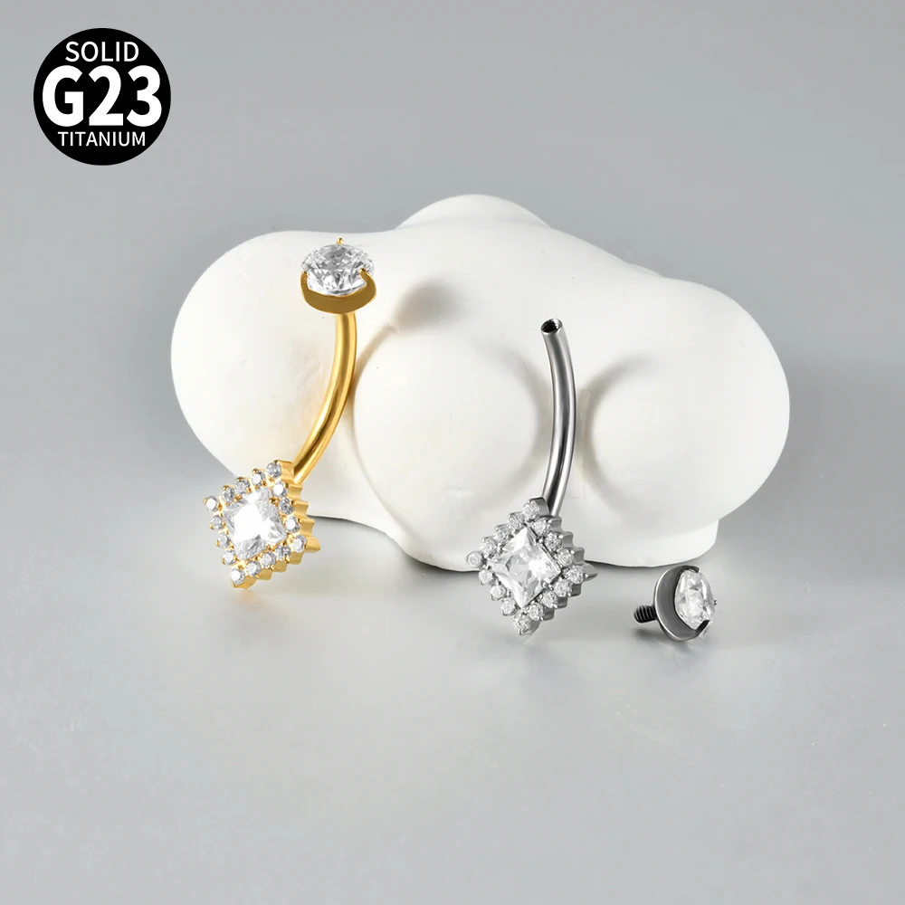 G23 Titanium Curved Barbell Belly Ring Internal Thread Navel Piercing Square Halo Clear Zircon Navel Stud Body Piercing Jewelry
