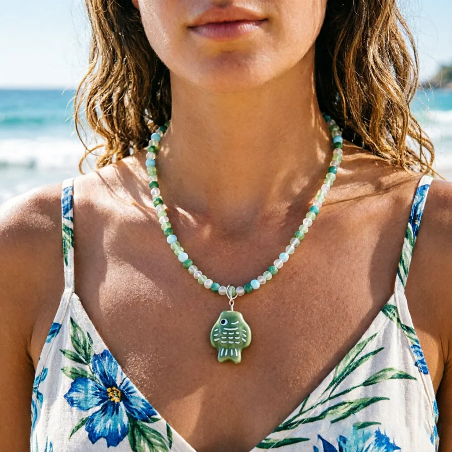 Vacation Style Ceramic Fish Pendant Necklace Women Apparel Accessories Colorful Rice Beads Collar Jewelry Female Beach Trinkets