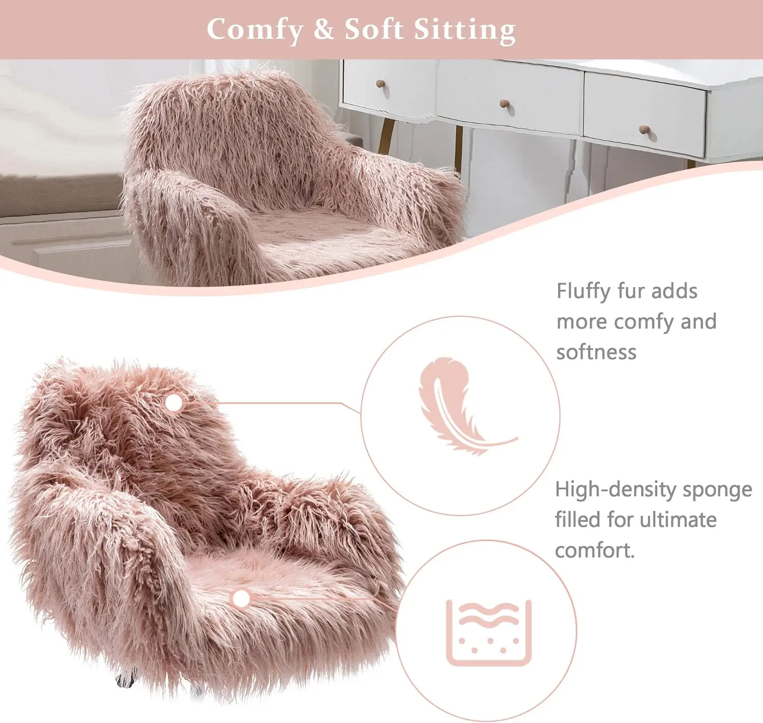 Fluffy Desk Chair, Faux Fur Furry Home Office Chair, Fuzzy Swivel Armchair with Wheels, Height Adjustable Silver Base , Pink