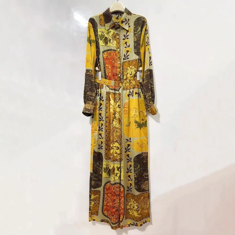 

Spring New Retro Florals Printed Womens Two Pieces Sets Lapel Loose Long Sleeve Shirt and Wide Leg Pant Suit Костюм Женский