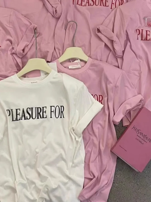 

Korean Style round Neck Short Sleeve T-Shirt Women's Fashionable Versatile Letter Print Padded Shoulder Summer New Arrival