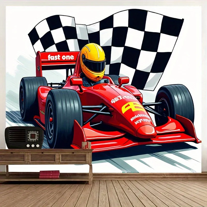 1 racing car background banner - a bright red Formula One racing car with a checkered flag design and birthday decoration