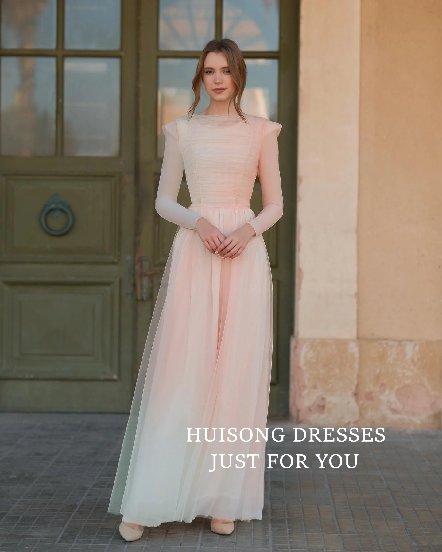 

HUISONG индивидуальные свадебные платья из тюля в стиле бохо с высоким воротом и длинными рукавами, пляжное платье трапециевидной формы для невесты, свадебное платье в богемном стиле