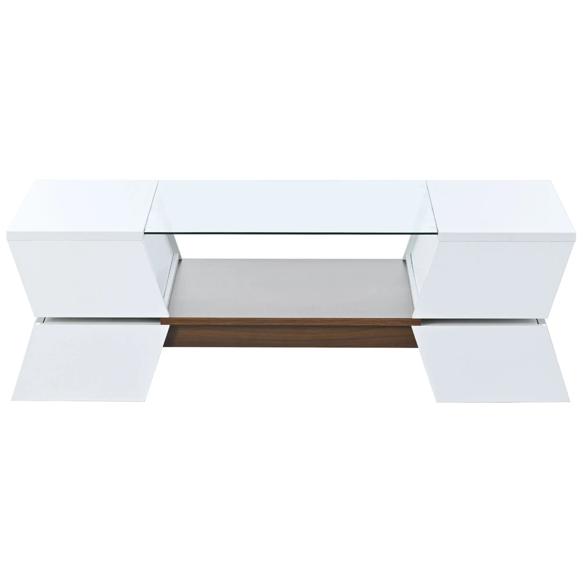 

6mm Glass-Top Coffee Table, with Open Shelves & Cabinets, Geometric Style, Large Storage Capacity, 2-Tier Center Table, White