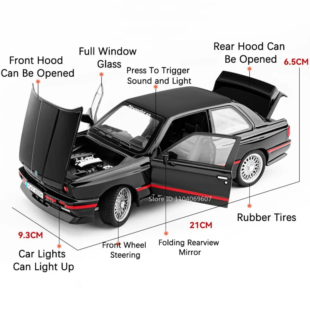 1:24 M3 Miniature Car Model Toys Alloy Diecast RX7 Vehicles Sound Light Doors Opened Pull Back Shock Absorption for Kids Gifts