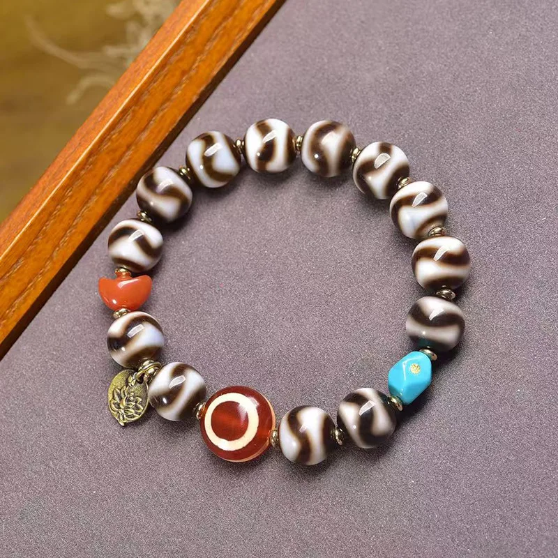 

Natural Tiger's Tooth Tianzu Bead Bracelet Single-Strand Tibetan-StyleTurquoise Yanyuan Agate Three-Eyed Tianzu Bead PrayerBeads