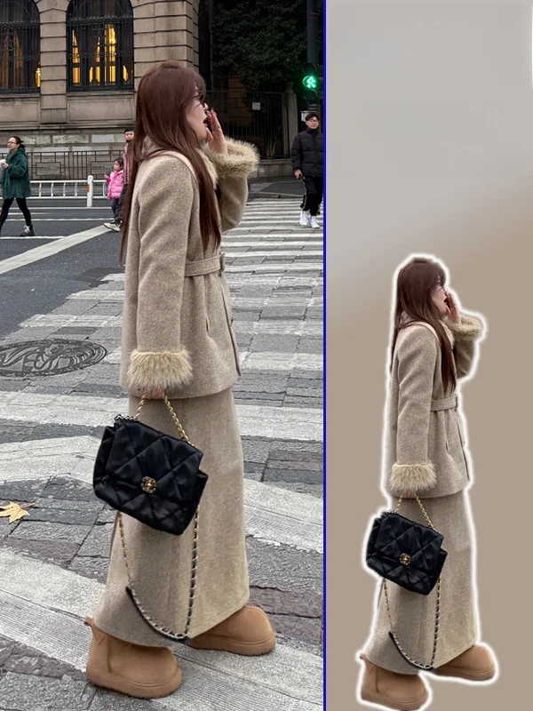 

plus Size Warm Woolen Coat with Belt High Waist Versatile Midi Skirt Two Piece Set Luxury Sle Long Sve Button up Women's...