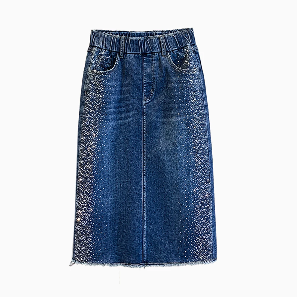 Oversized Diamonds Blue Denim Skirts for Women Summer Trendy High Waist Rhinestone Mid-Long Skirt Casual Wear Jean Skirt
