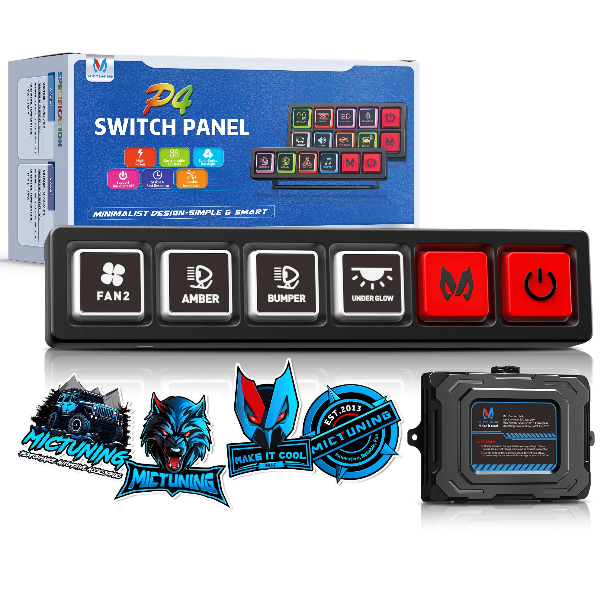 

MICTUNING 4-Gangs Indicator RGB Backlit Switch Panel - Universal Relay Control Box for Automotive/Marine Applications for Cars
