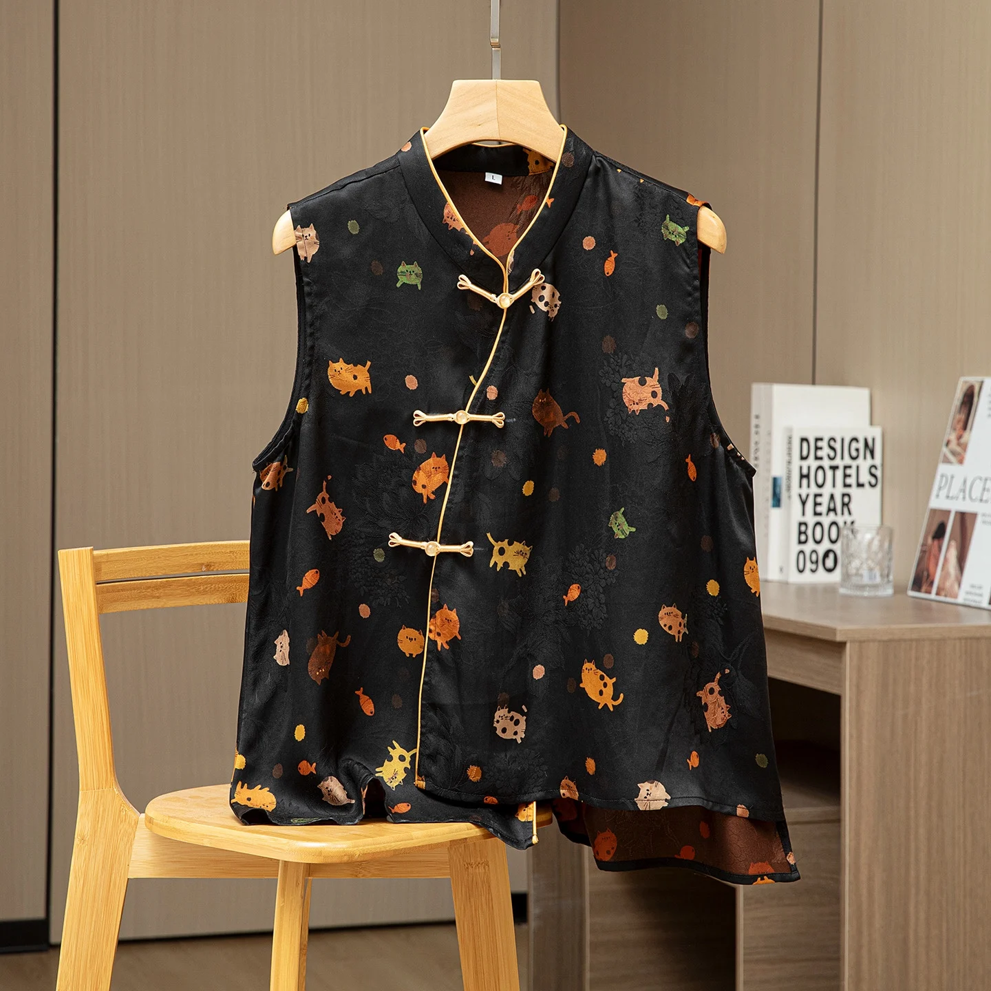 

Winsleter-100% Элегантный жилет из натуральной шелковой марли, жаккардовый жилет с V-образным вырезом, женский жилет в стиле ретро, осень 2023, C5O439CC