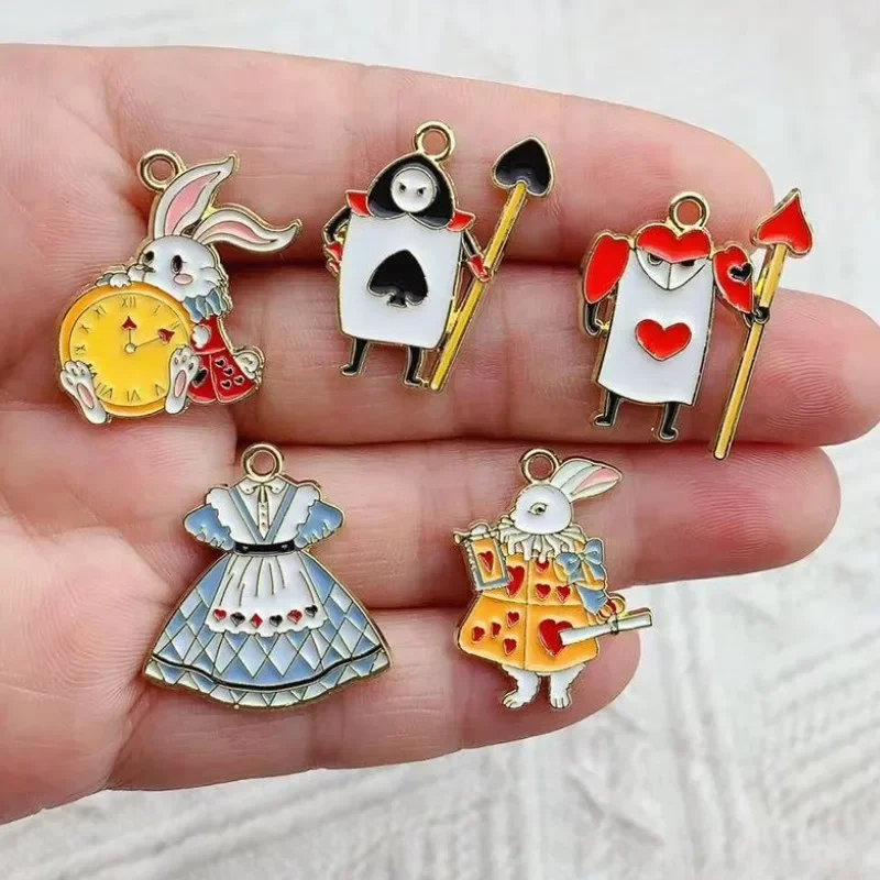 10pcs Enamel Alice Series Charms Girls Clock Rabbit Charms Pendants For Jewelry Earrings Necklace Alloy Accessories Golden Color