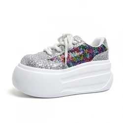 7.5CMWomen Casual Sports Shoes Heels High Platform Sneakers Wedge Height Increase Footwear Leather Leopard Comfy Chunky Sneakers