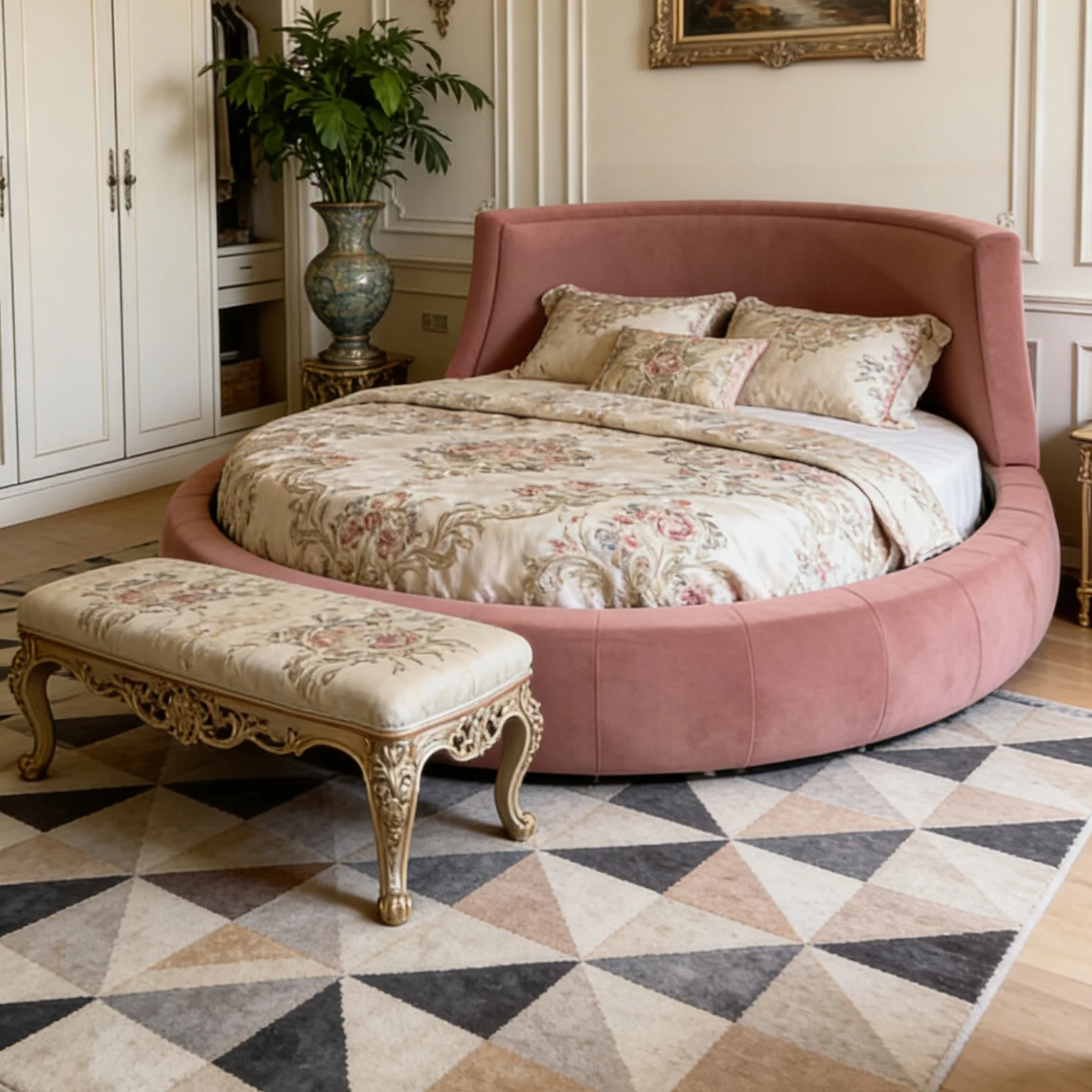 fgDusty Pink Light Luxury Upholstered Round Bed Customizable Size Material Romantic Bedroom Bed%