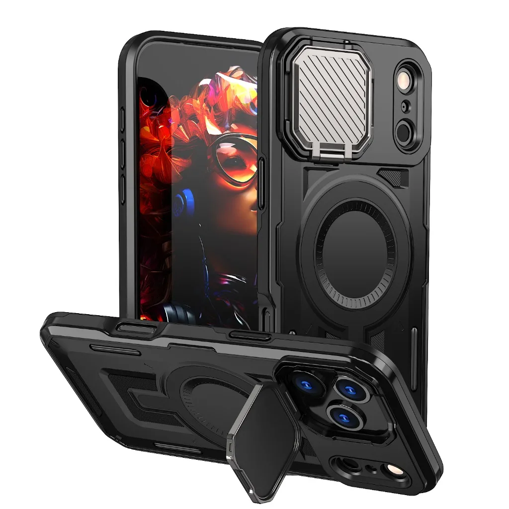 

Rugged Armor Magnetic Phone Case with Slide Camera Len Protector Kickstand For iPhone 17 Pro Max Air 17e 16e 15 14 Plus 13 12 11