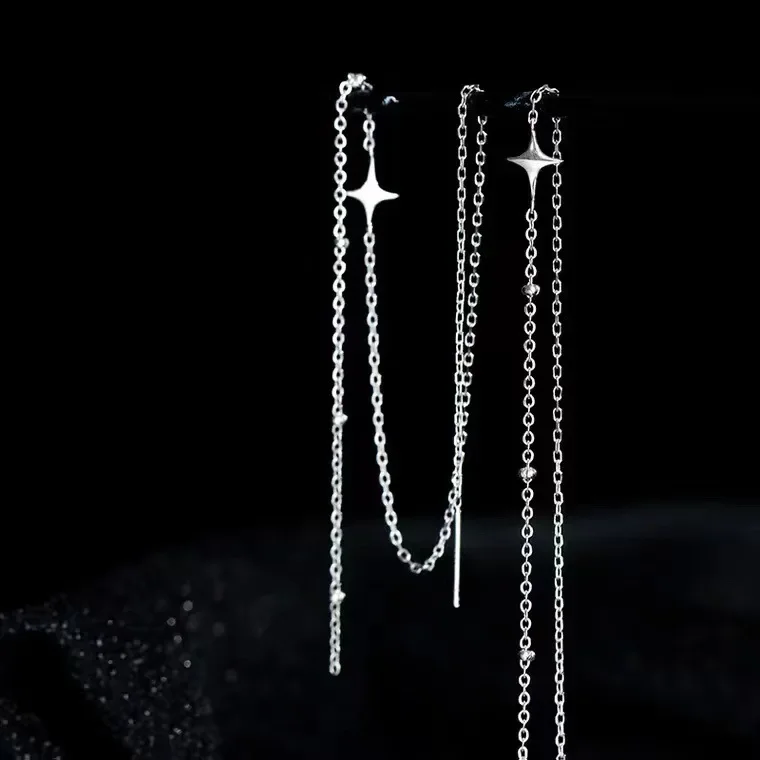 1 Piece Real 925 Sterling Silver Long Style Star Tassels Drop Earrings for Women Classic Fine Jewelry Minimalist Accessories