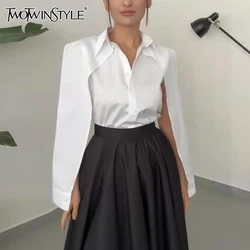 TWOTWINSTYLE Solid Minimalist Shirts For Women Lapel Long Sleeve Patchwork Single Breasted Slimming Blouses Female Fashion New