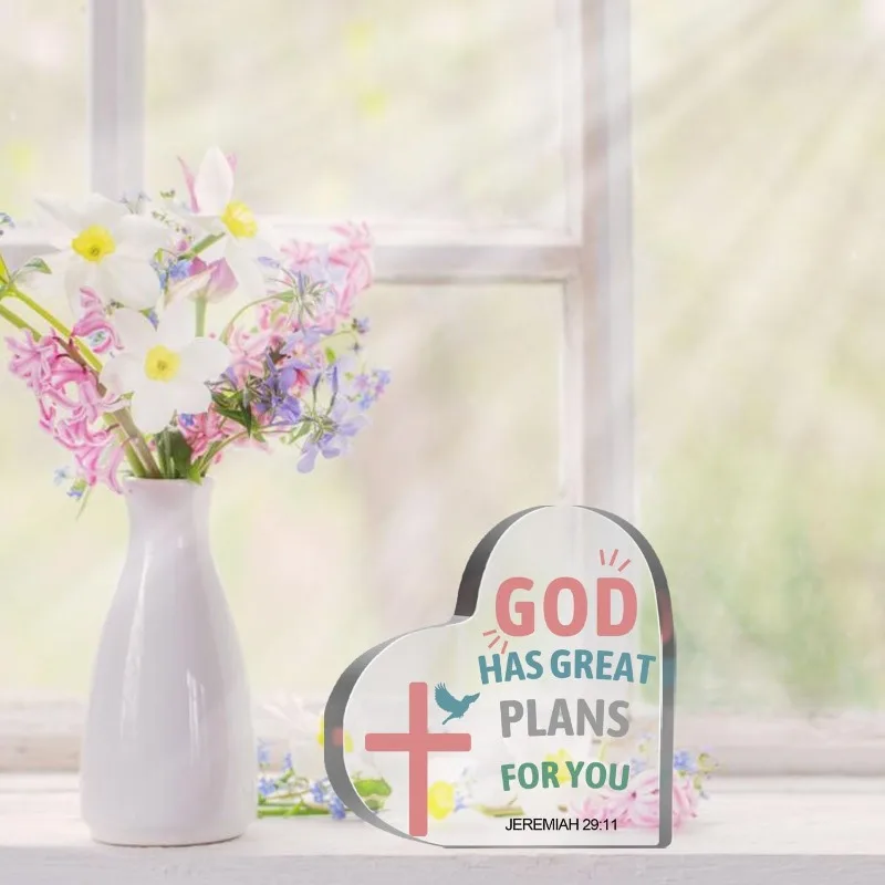 Colorful Christian Acrylic Heart Memorial Gift with Jeremiah 29:11 Bible Verse, Elegant Home Office Desk Decor for Women Mom Sis
